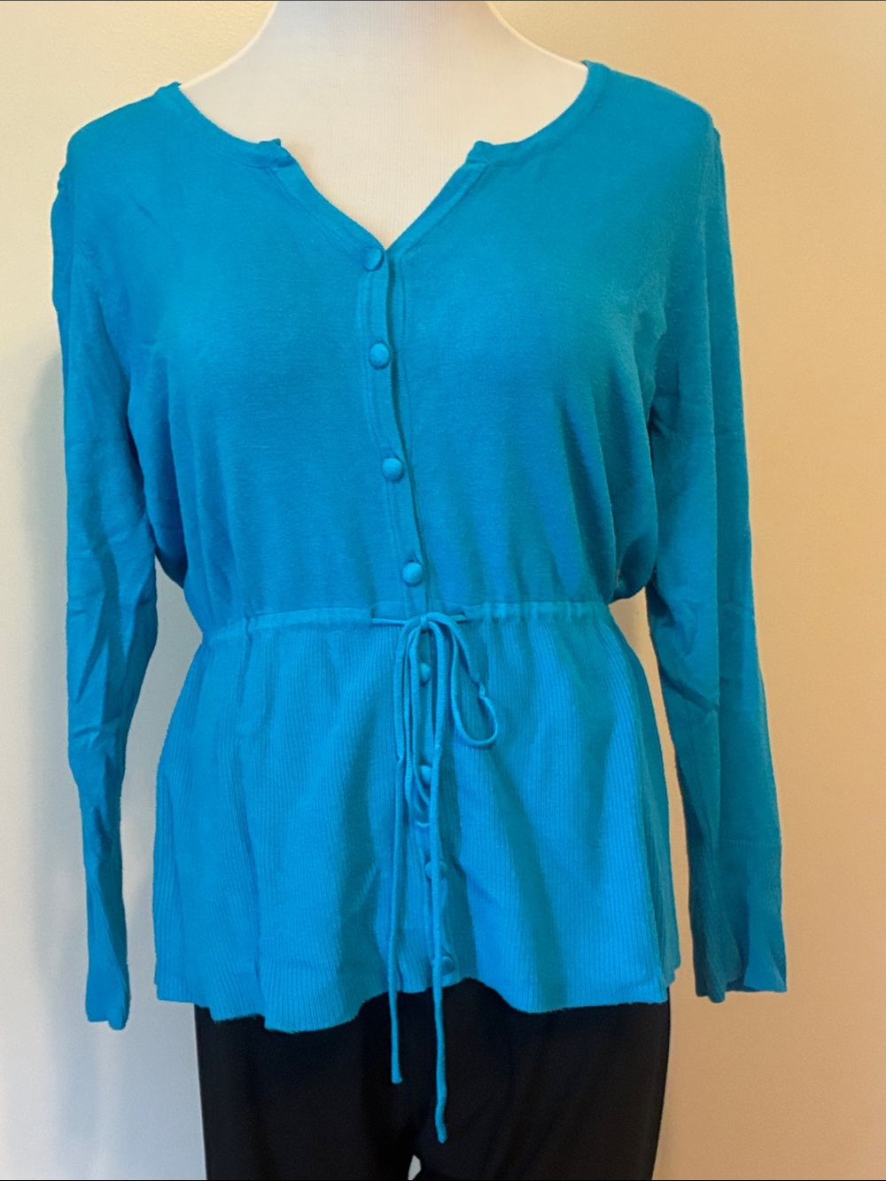 Cato Bright Teal Button-Front Drawstring Tunic Sweater.